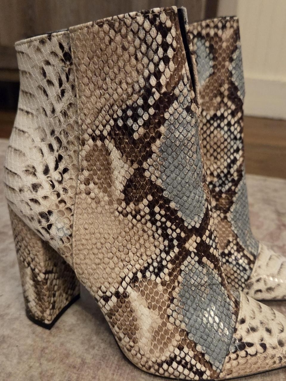 Qupid Snake-Print Ankle Booties in Tan, Brown & Blue
